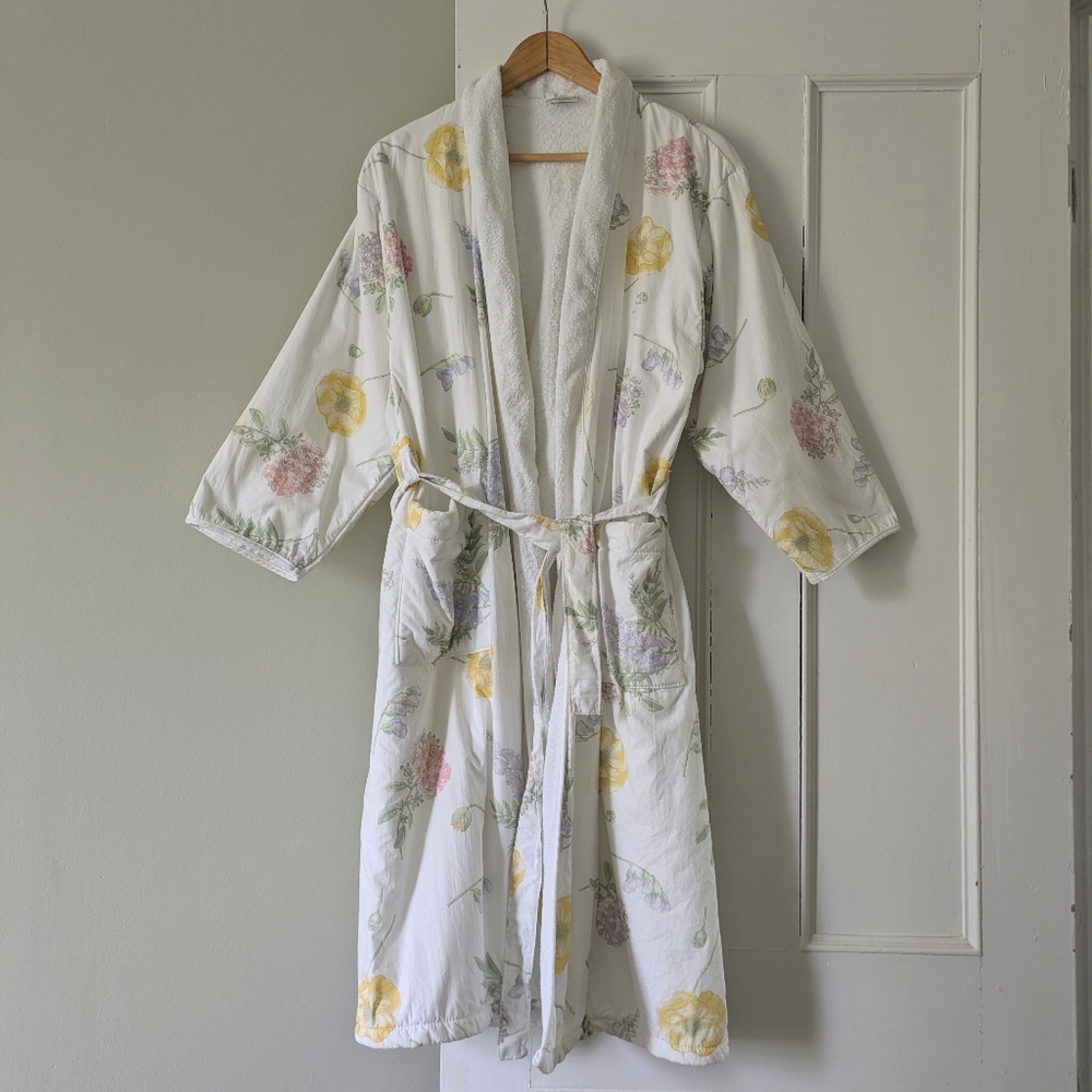 White and Yellow Floral Robe with Tie Belt and Collar